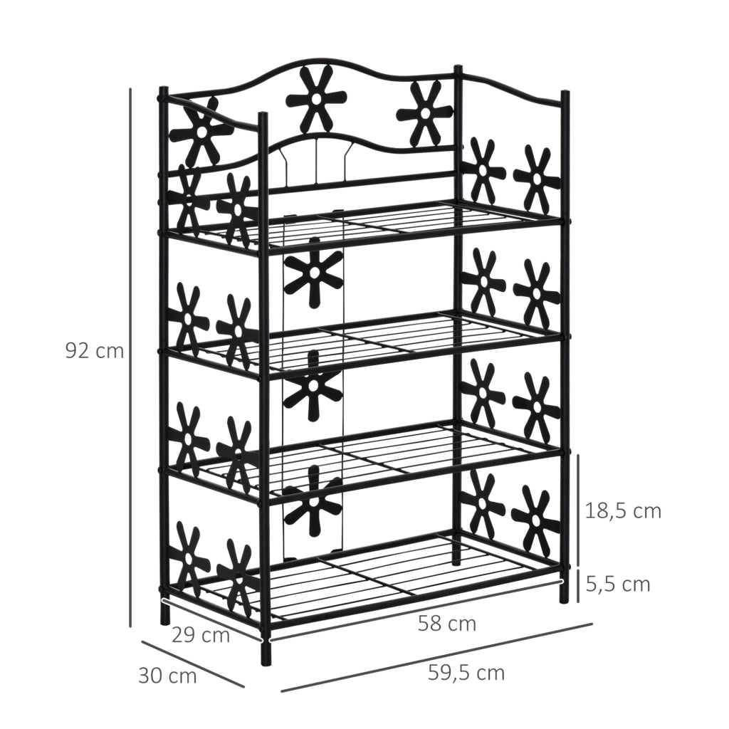 Scaffale in metallo nero a 4 ripiani con decorazioni floreali