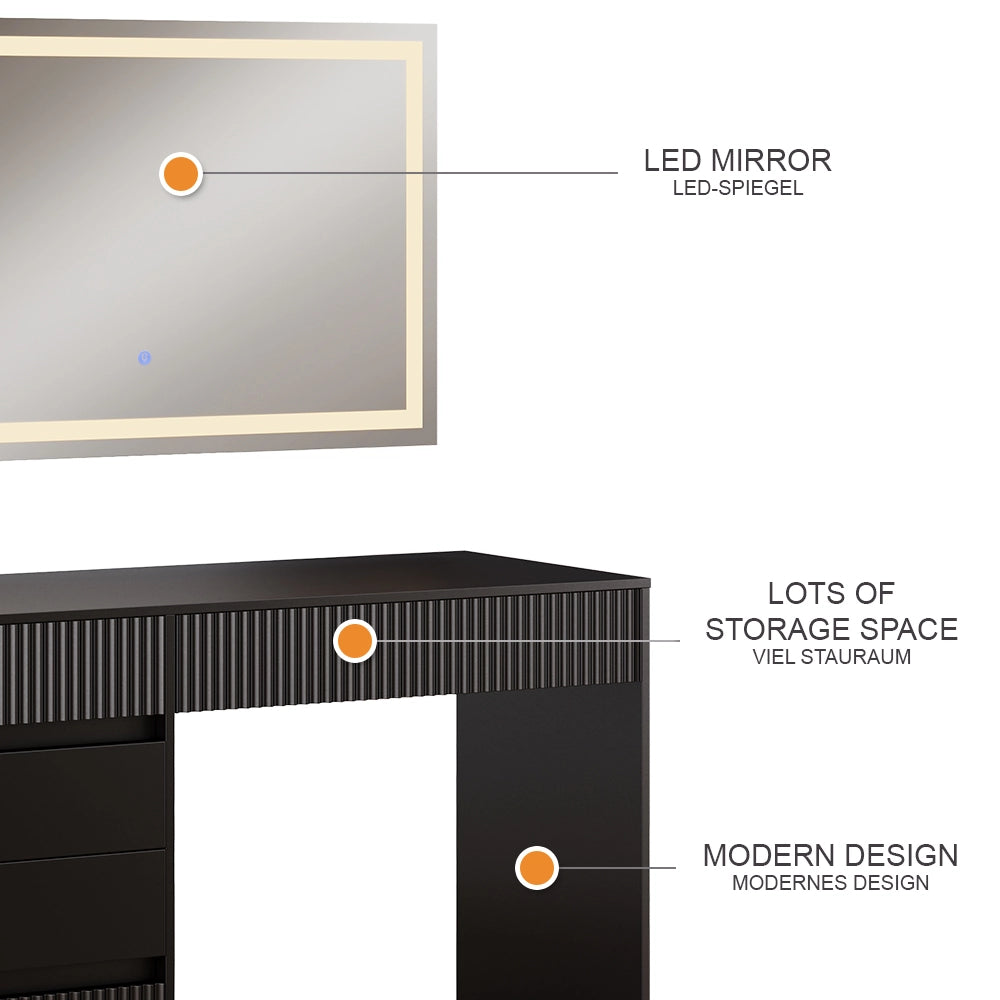 Vicco Tavolo da toilette Nero 120 cm con specchio a LED