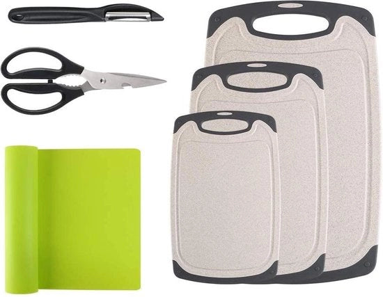 Set di taglieri in plastica 3 in 1 con matto antislip, schiacciaspazio in acciaio inossidabile e coltello multifunzionale per cucina - beige