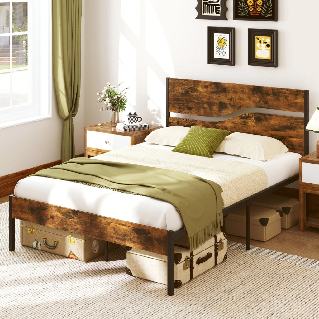 Letto piattaforma industriale con testiera e pediera in legno-Letto in metallo struttura letto per materasso 200 x 140 cm Marrone