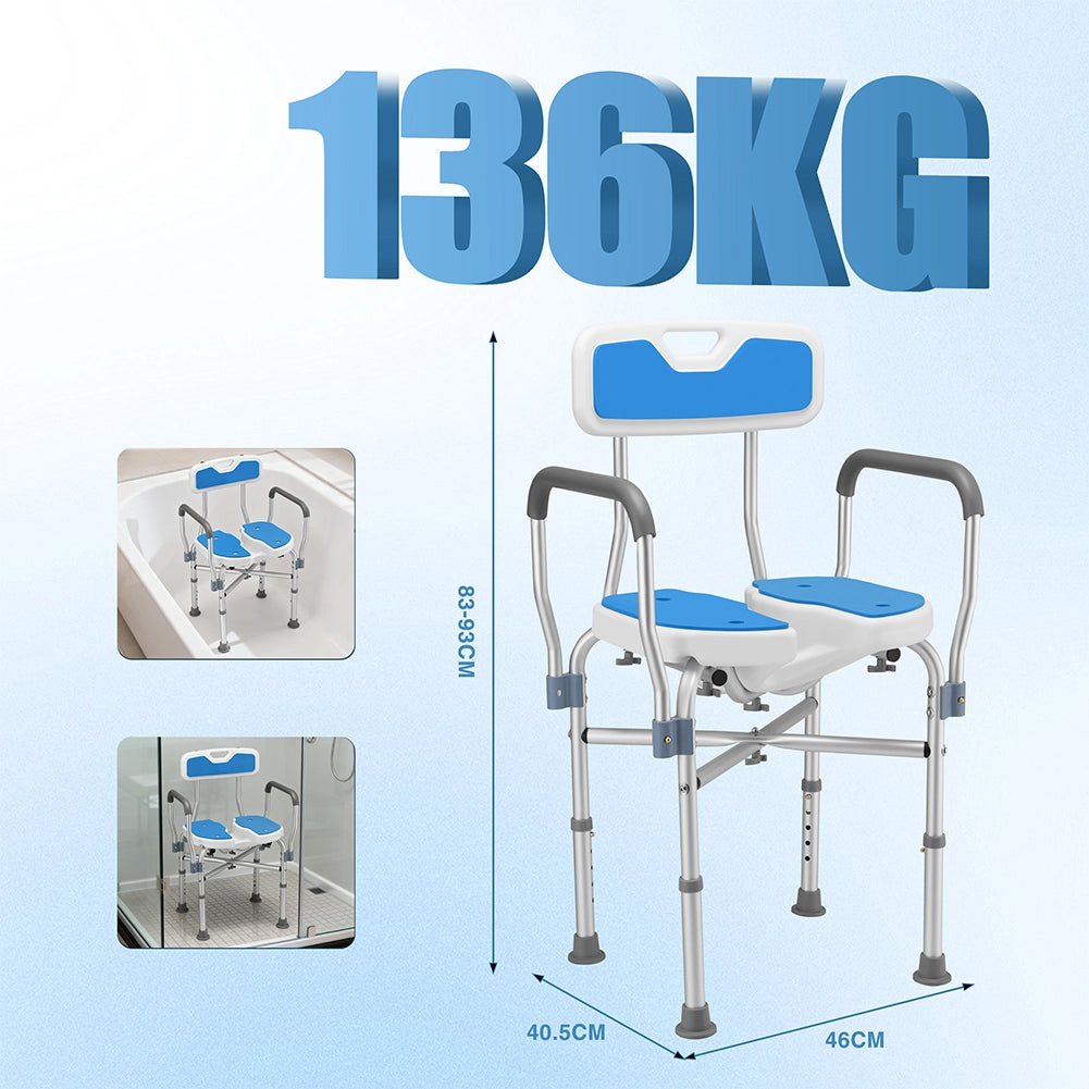 Sedia Sgabello da Doccia WC in Alluminio Altezza Regolabile 83-93 cm per Anziani