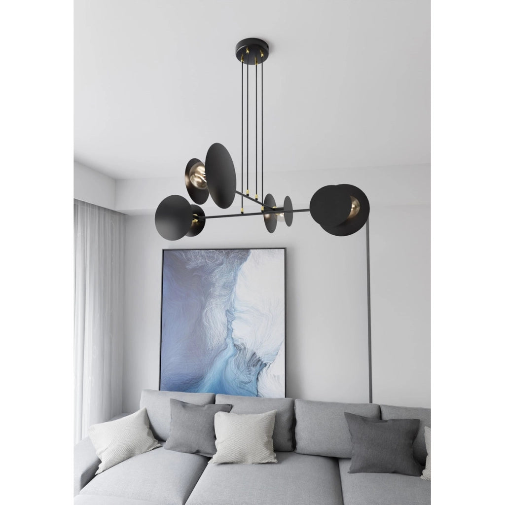 Lampada a sospensione Idea con cerchi geometrici in acciaio nero opaco