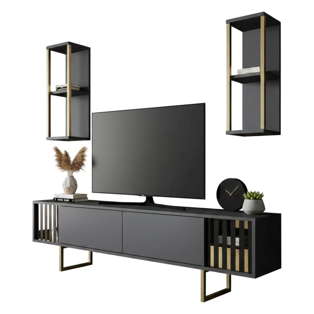 Mobile porta TV Artinay, Credenza da soggiorno, Armadio basso per TV, Base parete attrezzata, 180x30h48 cm, Antracite e Oro