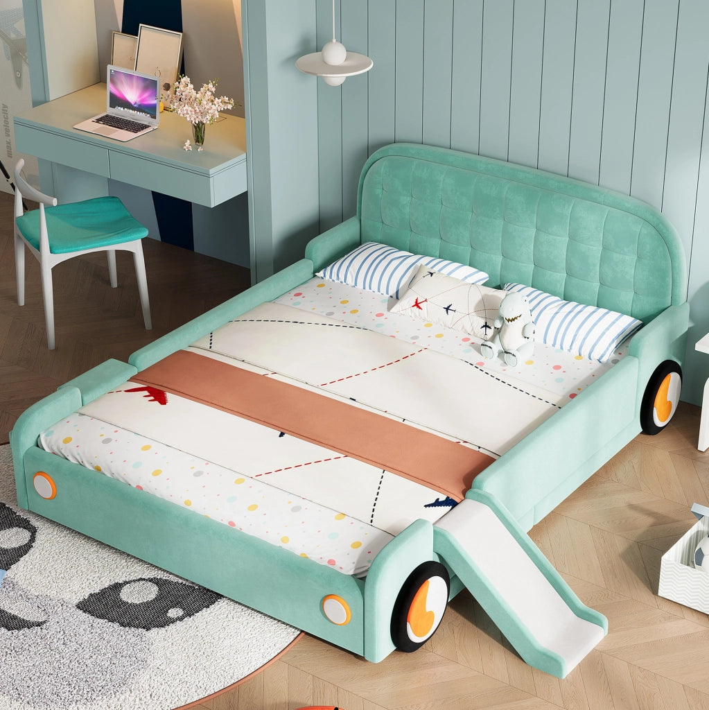 Letto per bambini a forma di auto con scivolo e scala, Blu-verde, 140x200 cm