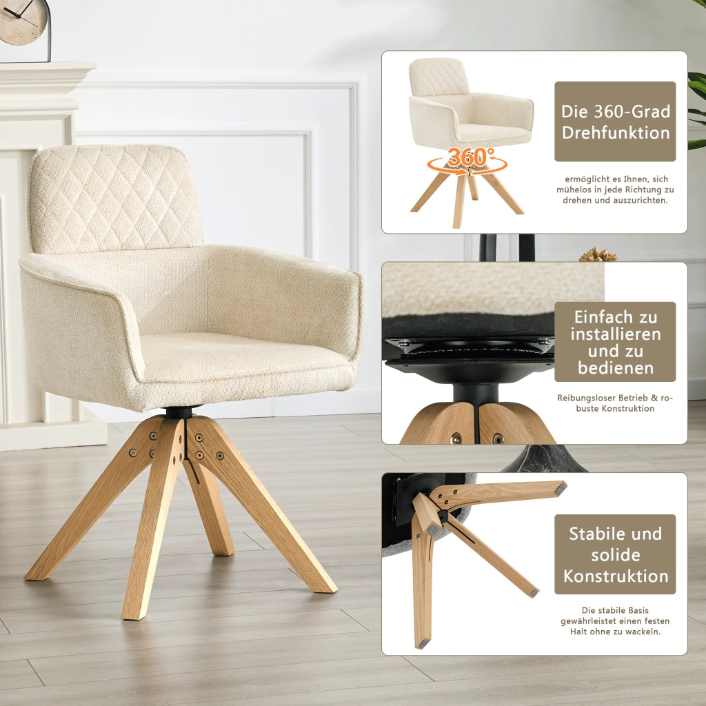 Sedia da Pranzo Set da 2 Girevole a 360° con Braccioli e Gambe in Legno Massello in Tessuto Bianco e Legno