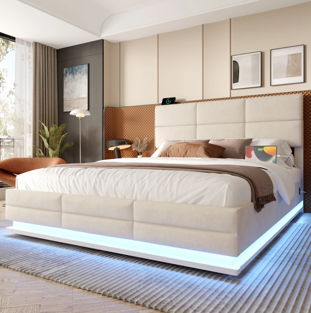 Letto 180x200 cm con contenitore idraulico, LED, USB e velluto beige