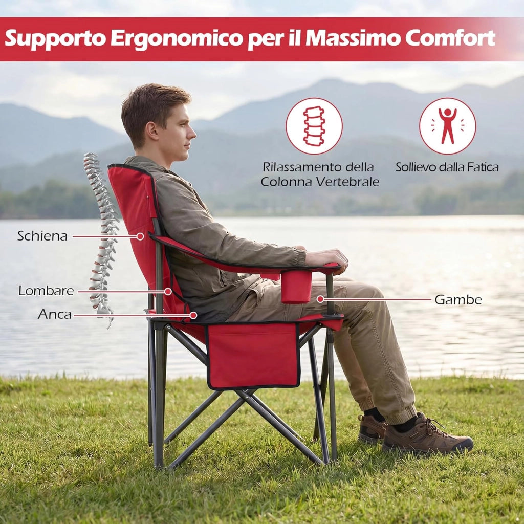 Sedia da Campeggio Pieghevole, Sedia da Esterno con Tasca Refrigerante, Portabicchiere, Tasca Laterale e Borsa, Sedia Portatile per Picnic, Escursioni e Pesca, Portata 150 kg (Rosso)