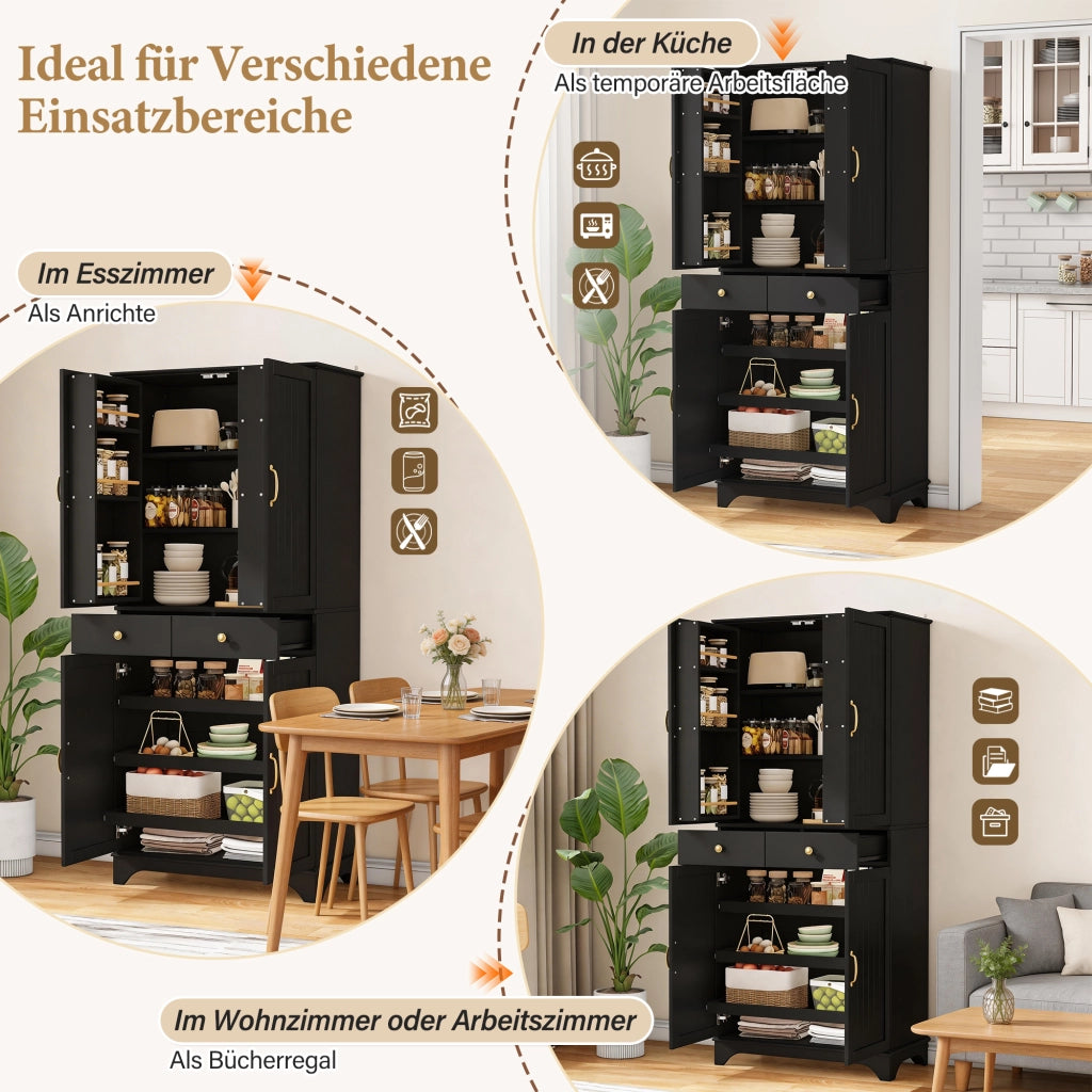 Credenza alta con ripiani regolabili, 2 cassetti e vani con ante, per cucina e soggiorno, in MDF, nero, 77 × 40 × 181 cm