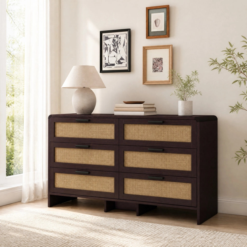Mobile angolare in rattan con 6 cassetti, 130 cm, colore marrone rossiccio