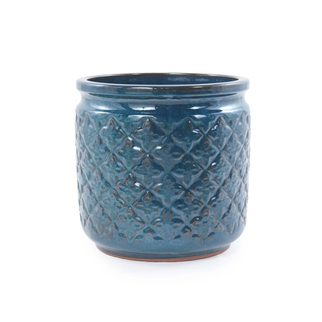 Set di 3 vasi in ceramica smaltata blu petrolio con rilievo diamantato, drenaggio e uso interno/esterno
