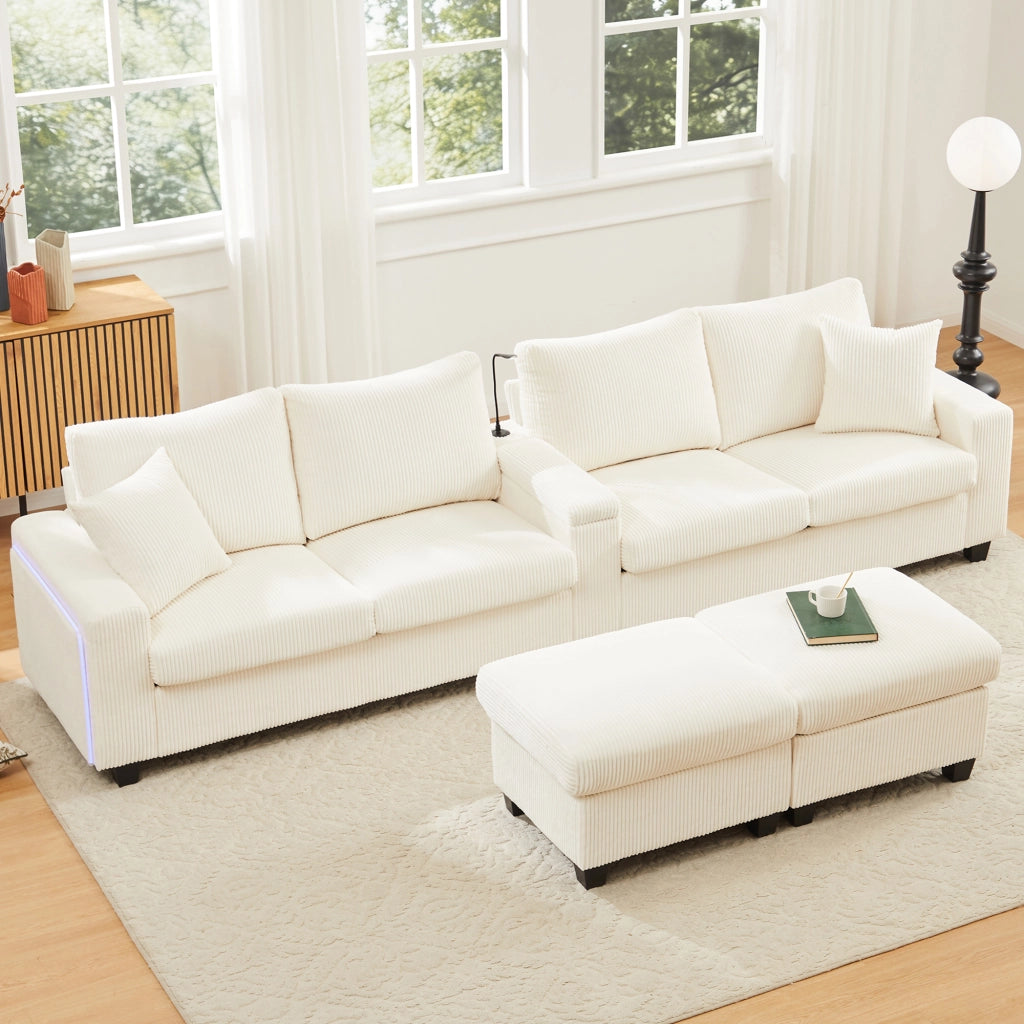Divano ad U in Velluto a Coste con Poggiapiedi, Luce LED e USB ¨C MINIMAL ¨C Beige, 334x128.5x81 cm