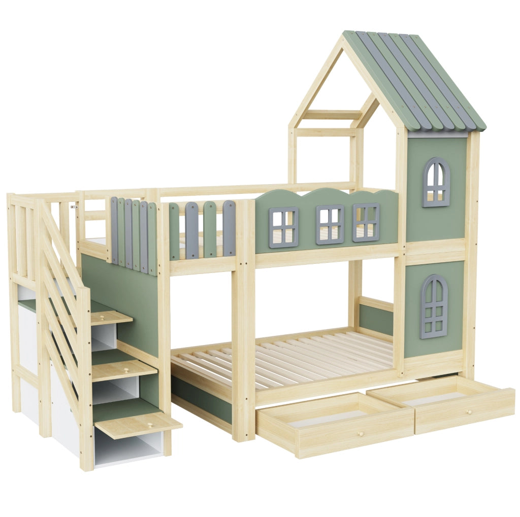 Letto a castello per bambini 90x200 cm a casetta con scala contenitore; verde; grigio e legno naturale