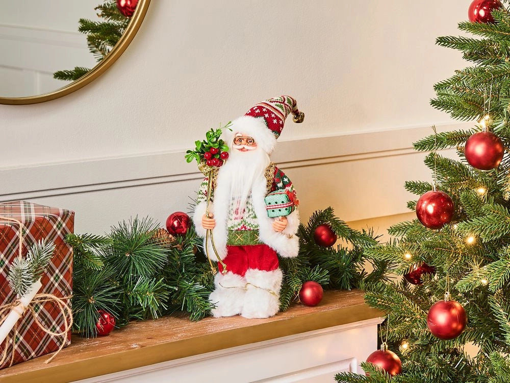 Figurina decorativa in tessuto rosso e verde e materiale sintetico Babbo Natale Figura di Natale Ornamento di Natale
