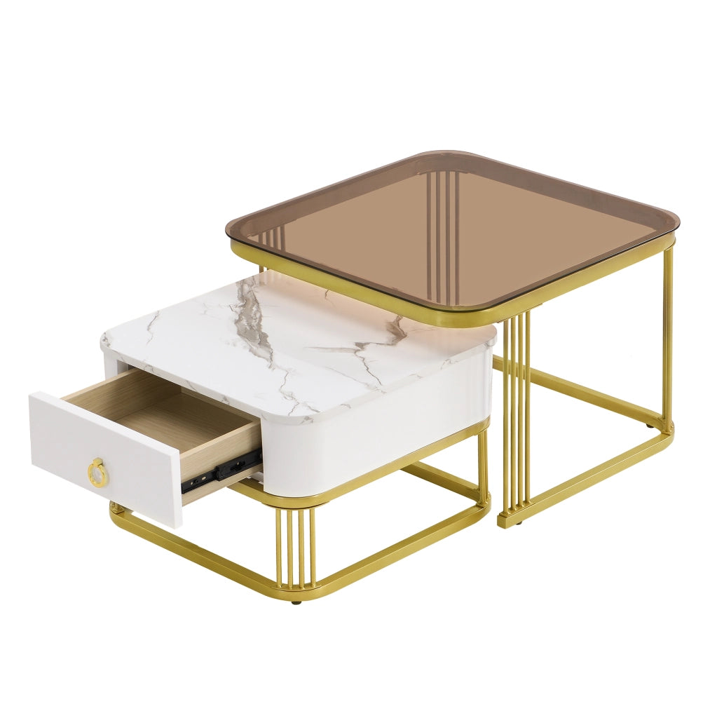 TAVOLINI DA SALOTTO Set 2 pezzi 60x60x44,5 cm + 50x50x34,5 cm MDF Bianco/Oro