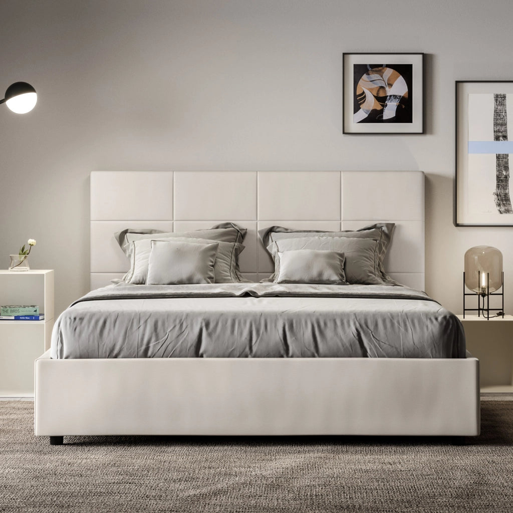 BS COM Letto matrimoniale contenitore doppia alzata imbottito 160x210 similpelle bianco