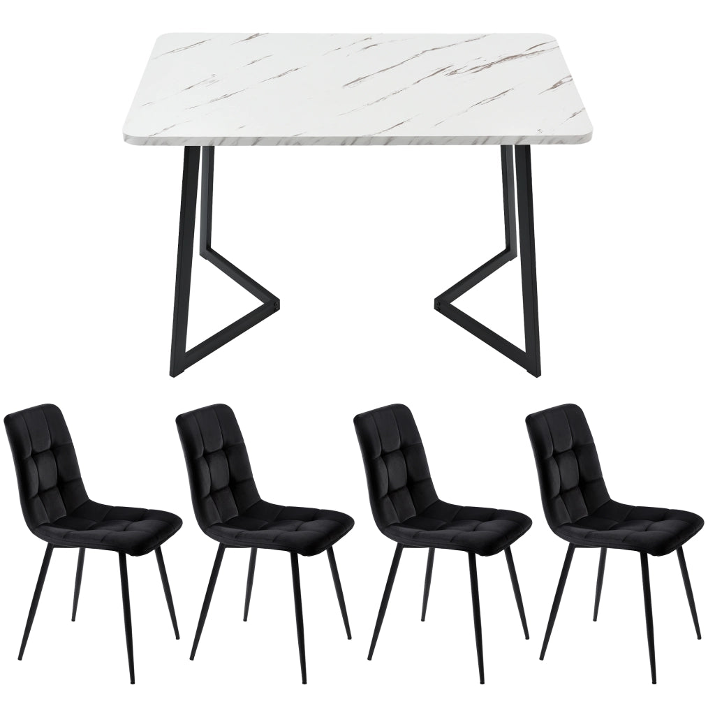 Tavolo da pranzo per 4 persone con 4 sedie, piano effetto marmo, per cucina e sala da pranzo, in MDF e velluto, nero