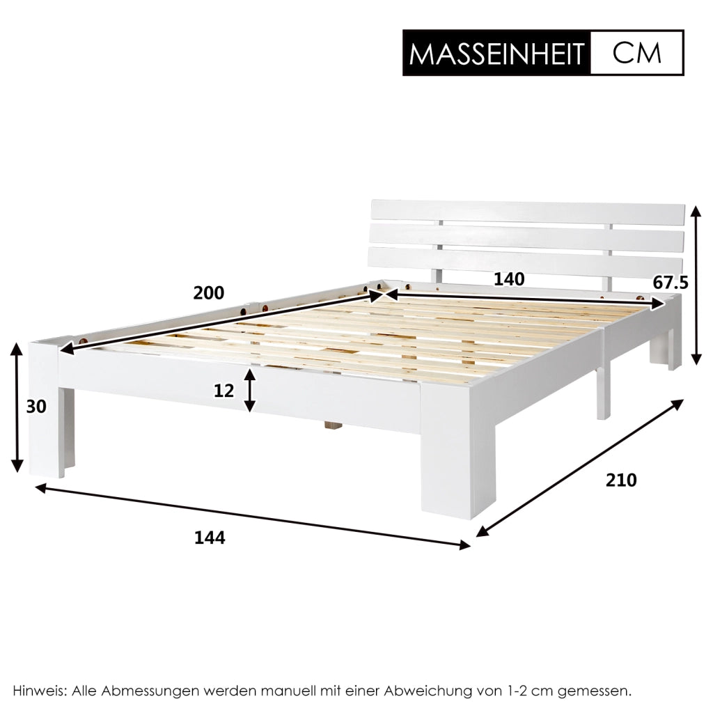 Letto matrimoniale 140x200 cm in legno massiccio bianco con rete a doghe, design rustico e salvaspazio