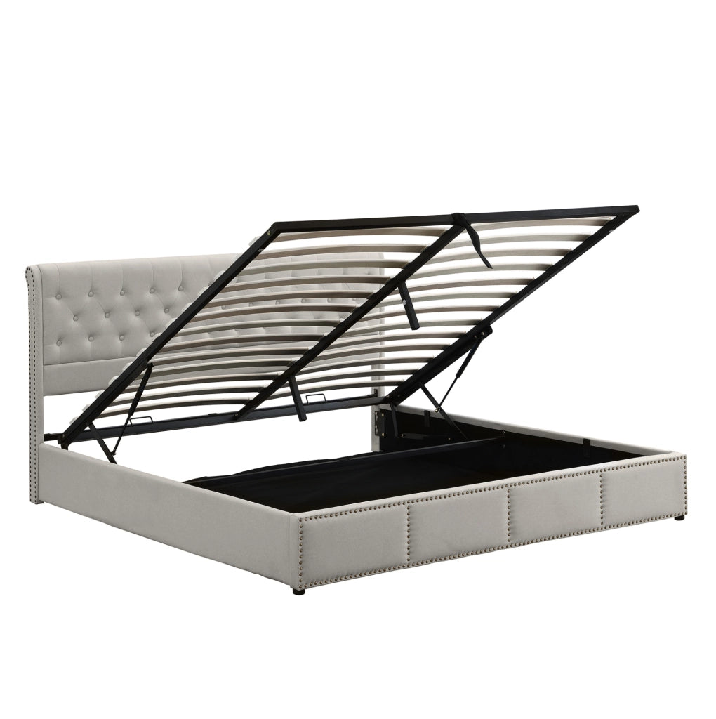 Letto imbottito in lino 160x200 cm con contenitore; rete a doghe; senza materasso; grigio