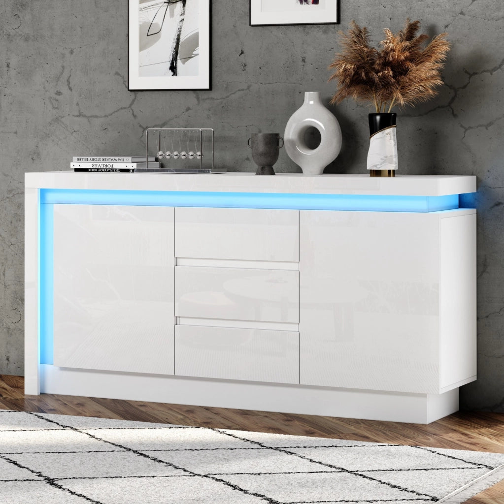 Sideboard bianco lucido con LED, 2 ante e 3 cassetti 140x35x72 cm