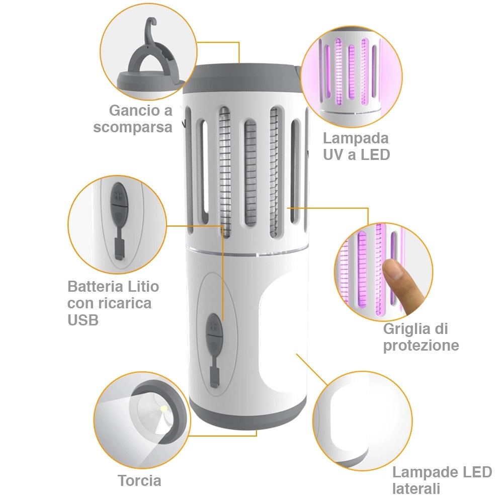 Zanzariera Elettrica Lampada Torcia LED Campeggio Anti Zanzar Batteria Litio USB