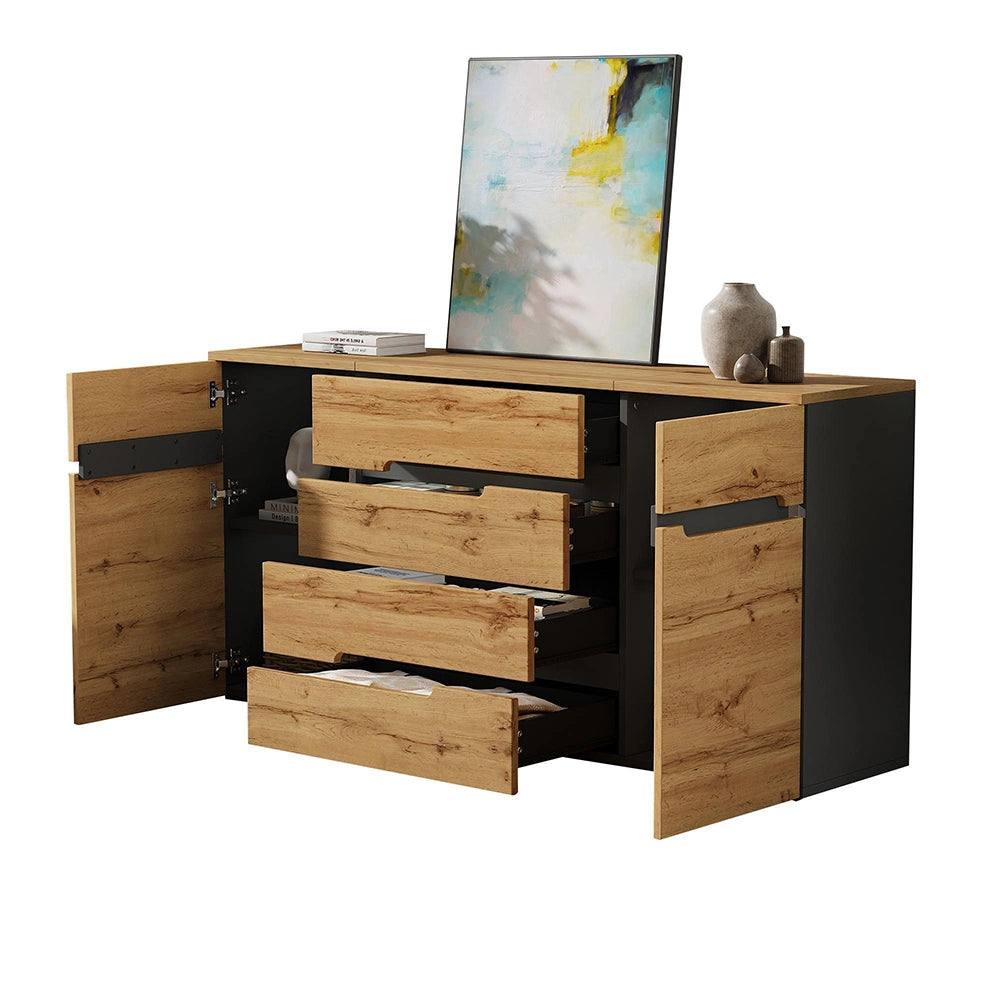 Credenza Soggiorno 160x40x80cm - Xylo - 2 Ante e 4 Cassetti, Colore Legno e Nero