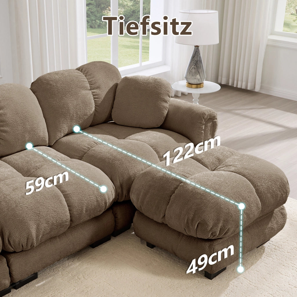 Divano modulare a U o L 260x149x90 cm in chenille marrone con pouf mobile