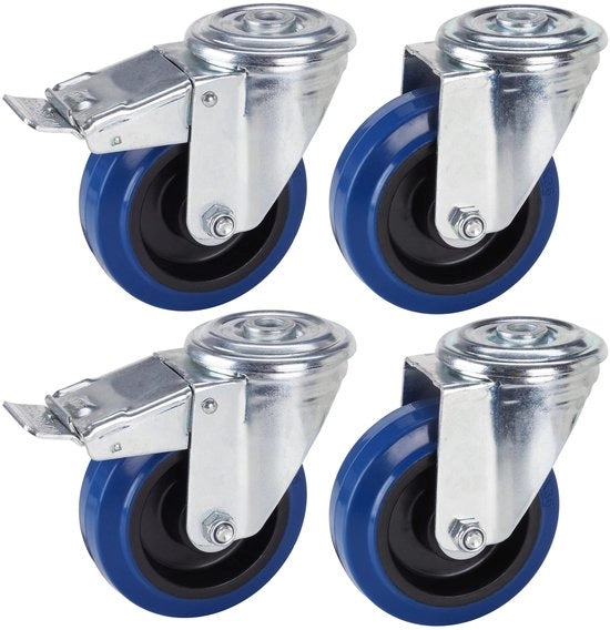 Set di 4 ruote professionali 100 mm, gomma blu elastico massiccio, viti, miscela di ruote, carico di 450 kg/set