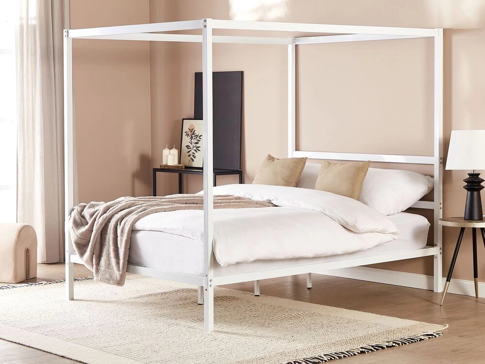 Letto matrimoniale a baldacchino con doghe e struttura in metallo bianco 140 x 200 cm stile industriale moderno