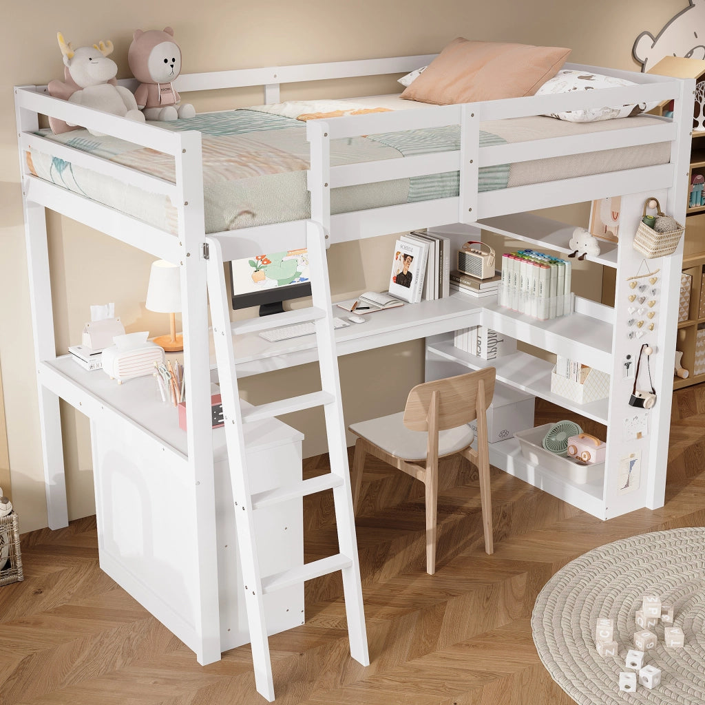 Letto a soppalco per bambini con scaffale e scala, 90x200 cm, bianco