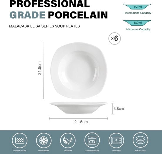 Set di Piatti per Minestre 6 pezzi - Porcella Bianca - Ecologico e Resistente ai Temperaturi - Adatto per Forno e Microonde