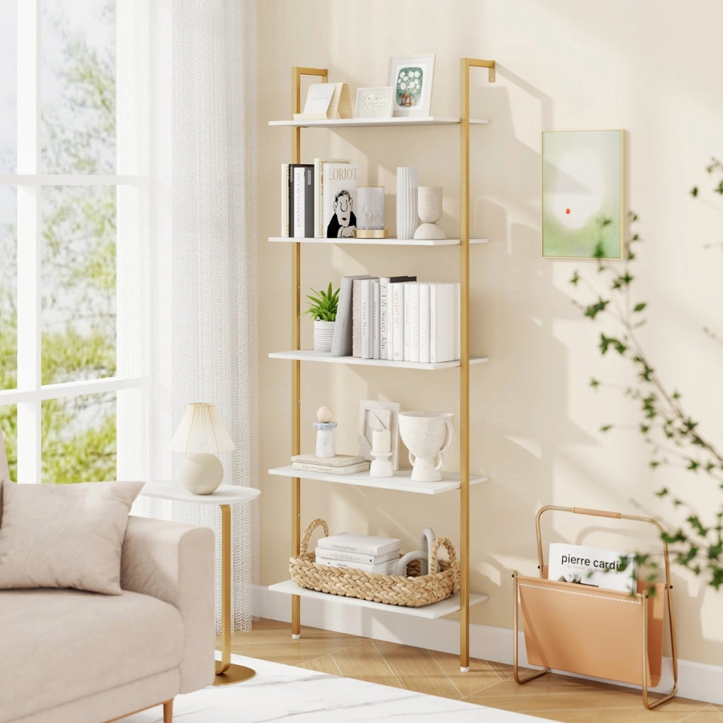 Scaffale a scala a 5 ripiani per esposizione-Libreria da parete con struttura in metallo e piedini regolabili Bianco + Oro