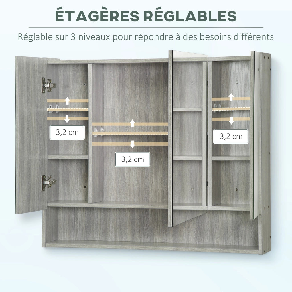 Armadio da bagno con specchio 3 ante ¨C zephmum ¨C grigio 90x15x75cm