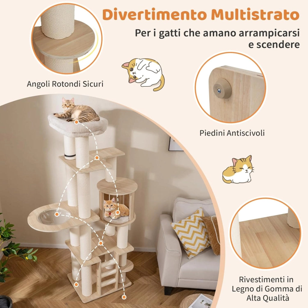 Albero per Gatti Alto 185 cm. Tiragraffi per Gatti in Plywood Solido con Condo, Posto d’Osservazione, Capsula Spaziale, Posti per Graffiare, Scala a 3 Gradini, Mobili per Animali da Interno