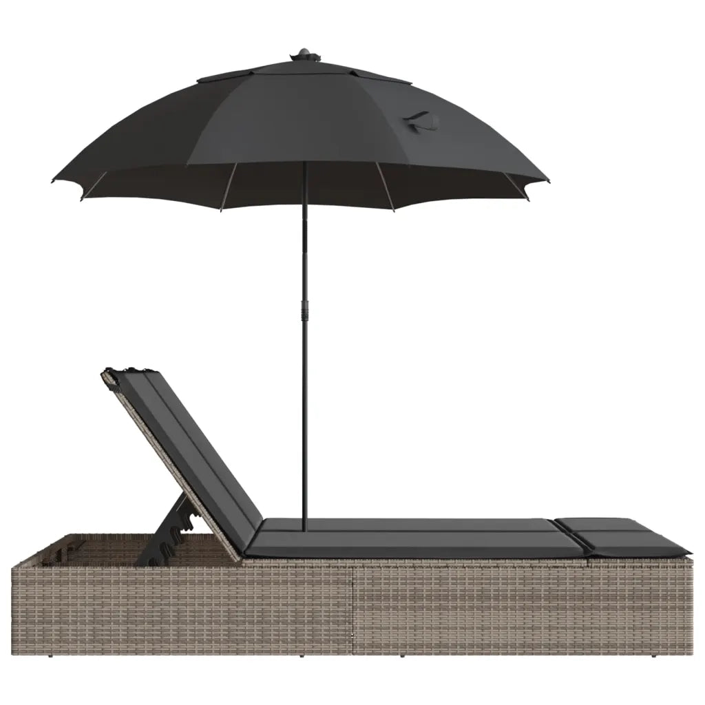 vidaXL Lettino Prendisole Doppio Cuscini e Parasole Grigio Polyrattan