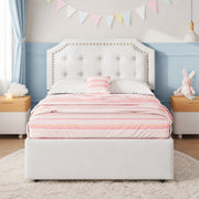 LETTO Imbottito 90x200 cm Beige Chiaro in MDF e lino con 2 cassetti