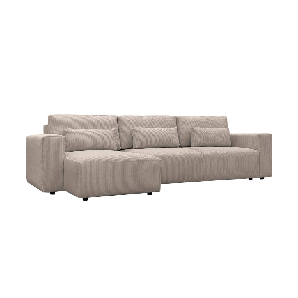 Divano letto angolare reversibile con contenitore in velluto a coste,