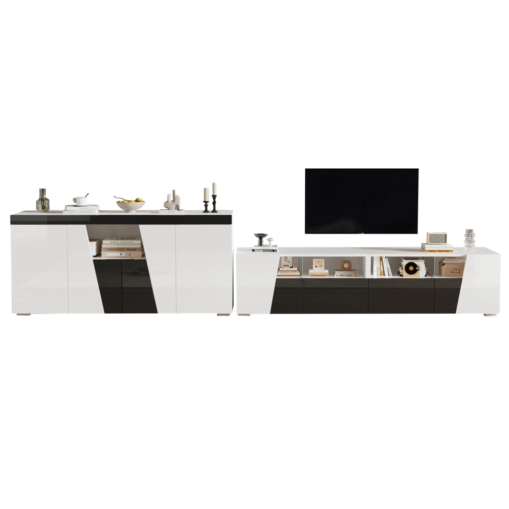 Combinazione mobile TV e sideboard con illuminazione LED bianco e nero