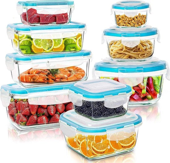 Set di contenitori di conservazione alimentare in vetro - 9 contenitori con coperchi - impermeabili, BPA-free