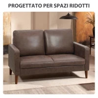 Divano 2 Posti Moderno con Rivestimento in Tessuto Effetto Pelle Traspirante e Gambe in Legno, 130x78x85 cm, Marrone Scuro