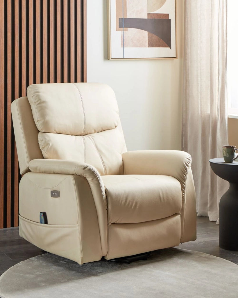 Poltrona elettrica reclinabile con funzione massaggio in ecopelle crema e riscaldante regolabile per il soggiorno moderno