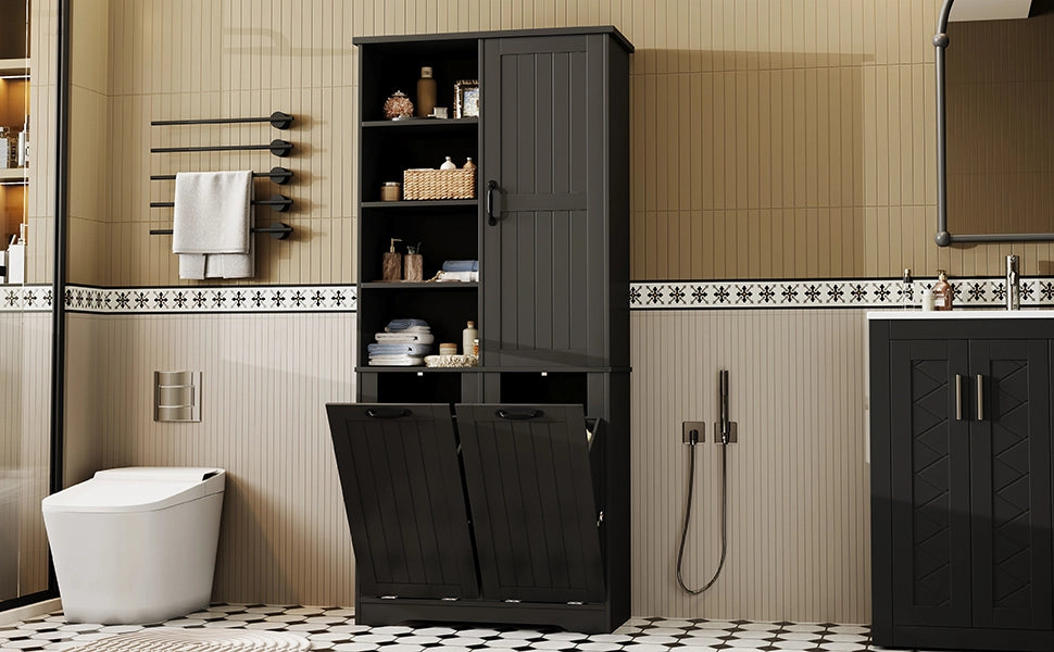 Mobile bagno in MDF 78 x 35 x 172,7 cm, con finitura laccata resistente all¡¯umidit¨¤, 2 cesti portabiancheria, 1 anta e ripiani regolabili, nero