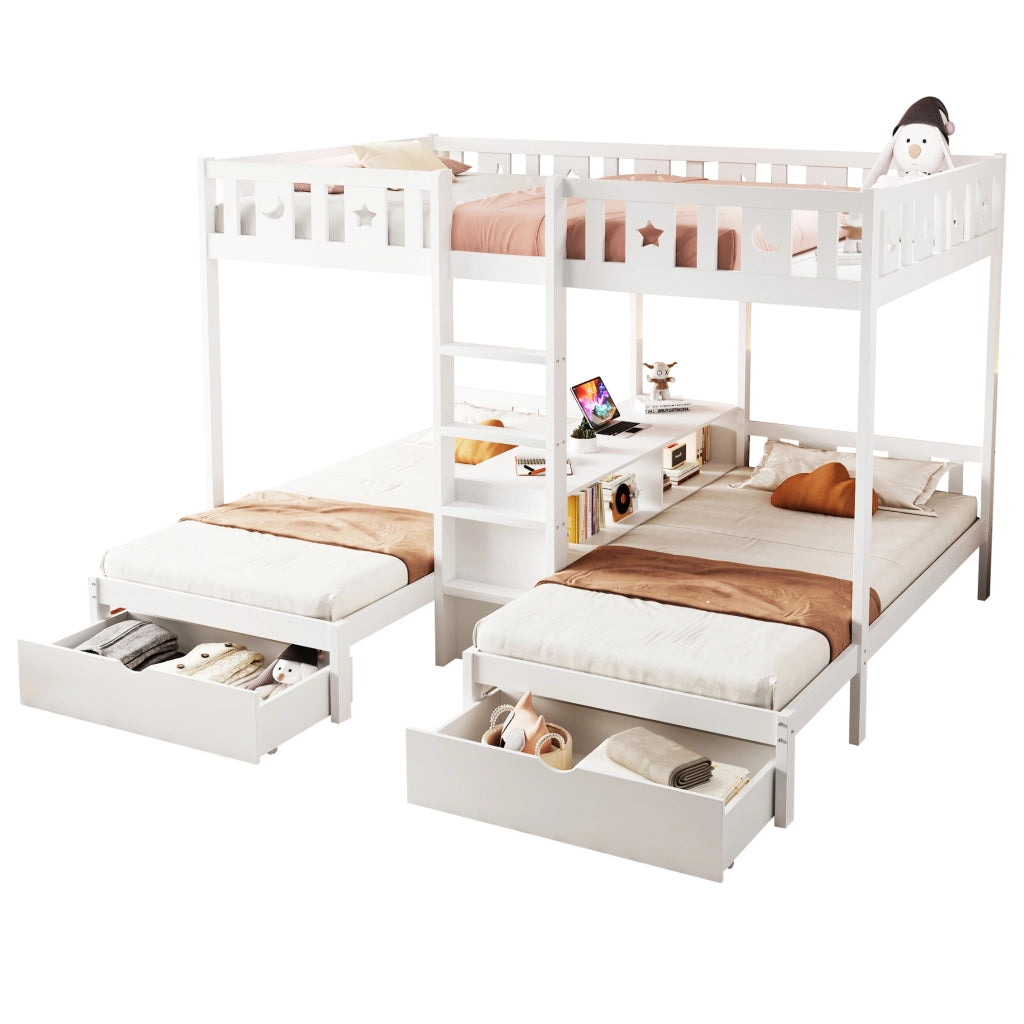Letto a Soppalco con Scala, Cassetti e Contenitore ¨C MINIMAL ¨C Massello Bianco 90x200 / 140x200