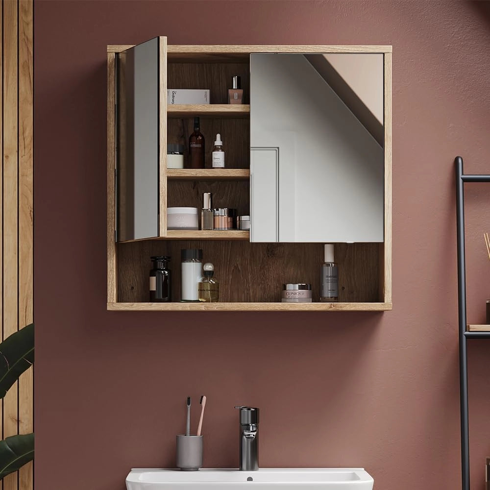 Specchio da bagno Eliza, Quercia vichinga, 70 x 65 cm con 2 porte, adatto per montaggio a parete e combinabile con la serie Eliza