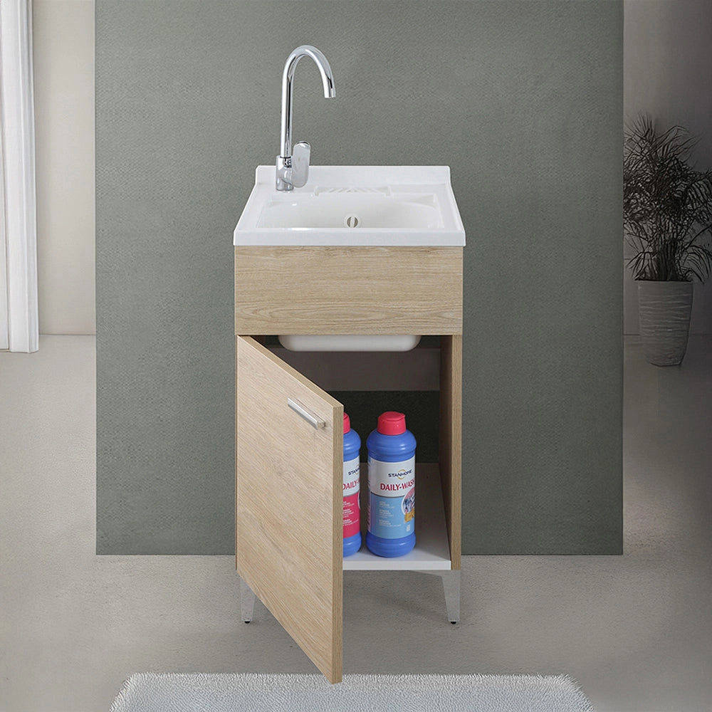 Mobile lavatoio 45x50 cm rovere con vasca in resina e asse lavapanni