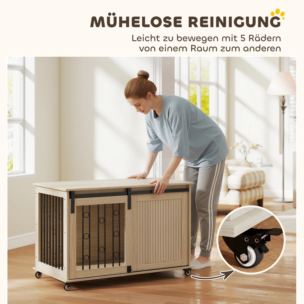 Cuccia mobile per cani con ruote e porta scorrevole ¨C Xylo ¨C Legno e acciaio 100x56x65 cm