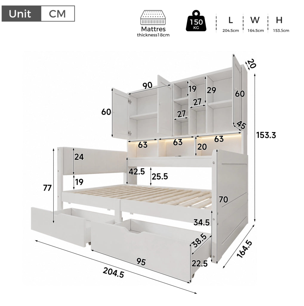 Letto singolo e matrimoniale 140x200 cm con LED; porte USB; cassetti e vani; bianco