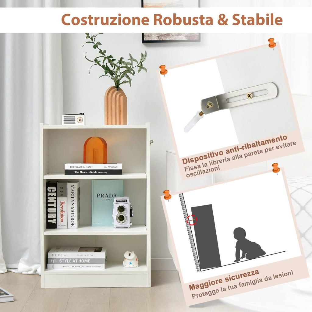 Libreria a 3 Piani, Scaffale Multifunzionale con Ripiani Regolabili e Dispositivo Antiribaltamento, per Soggiorno, Camera da Letto, Studio, 50 x 30 x 75 cm (Bianco)