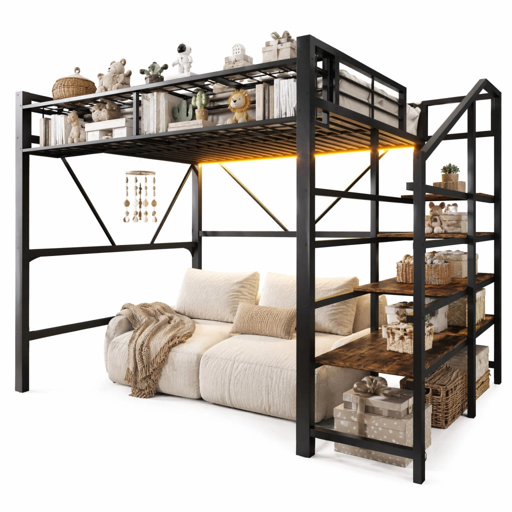 LETTO a soppalco 140x200 cm in metallo e MDF nero con scala e LED