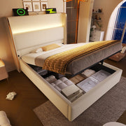 Letto Singolo Contenitore con Testiera Alta e LED ¨C MINIMAL ¨C 90x200 cm, Tessuto Beige, USB