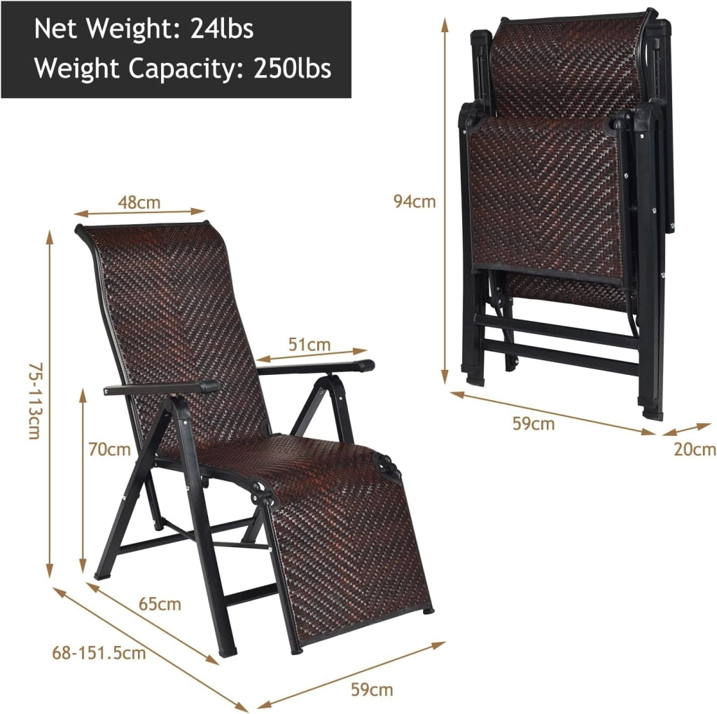 Sedia a sdraio pieghevole, set da 2 pezzi, sdraio da giardino, schienale regolabile, sdraio da campeggio, sdraio relax in rattan, portata fino a 113 kg, pieghevole 151,5 x 59 x 75 cm